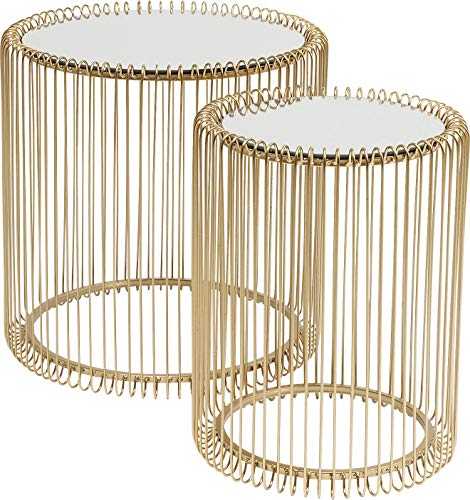 Kare Design Side Table Wire Brass, gold, set of two, steel rack, safety glass tabletop, round, modern side table living room, bedroom, Ø44cm