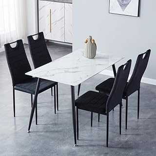GOLDFAN White Marble Dining Table and Chairs Set 4 Glass Kitchen Table Metal Legs and Velvet Soft Dining Chairs, Black