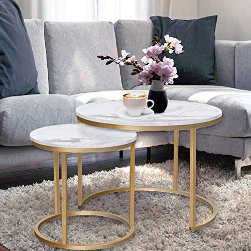 HEYZOEY Round Coffee Tables, Removable Set of 2 End Table, Nesting Tables with Gold Metal Frame Legs and Marble White Top for Living Room, Bedroom, Office, Balcony, Apartment (White)