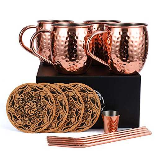 Moscow Mule Copper Mugs Set of 4, Handcrafted Food Safe Copper Cups for Moscow Mule Cocktail, 16 oz Gift Set with Bonus 1 Shot Glass 4 Straws and 4 Coasters