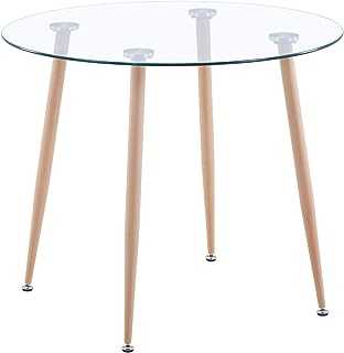 GOLDFAN Dining Table Modern Round Kitchen Table Glass Top and Wood Leg for Dining Room Kitchen,Transparent,90cm (Table Only)