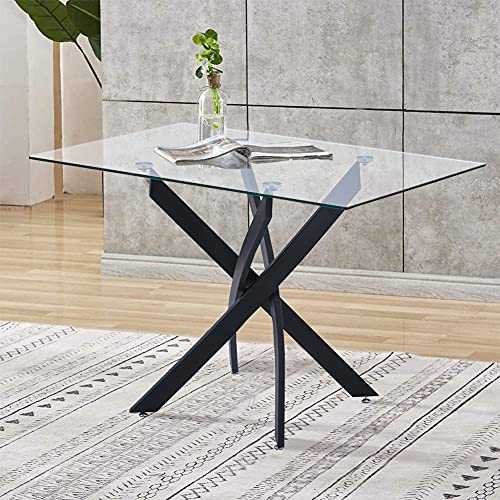GOLDFAN Modern Dining Table Rectangular Table Clear Glass Kitchen Table with Metal Legs for Dining Room Kitchen, Black (Table Only)