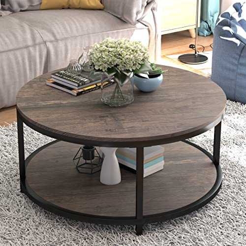 NSdirect 36 inches Round Coffee Table, Rustic Wooden Surface Top & Sturdy Metal Legs Industrial Sofa Table for Living Room Modern Design Home Furniture with Storage Open Shelf (Light Walunt)