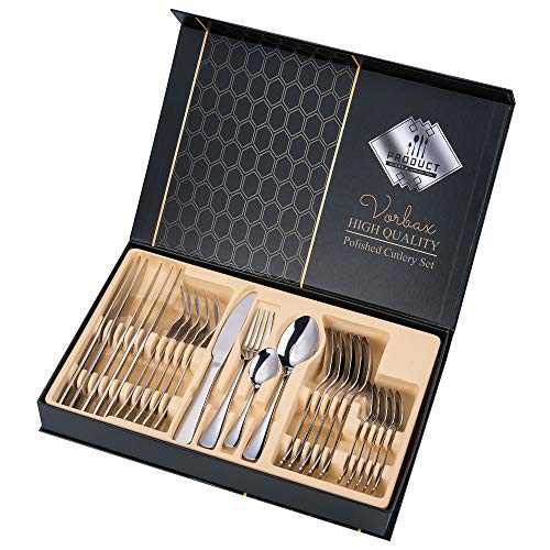 Cutlery Sets 24 Piece, Vorbax Stainless Steel Cutlery Set Flatware Silverware Fork and Knife Set with Spoons for Kitchen,Christmas Gift, Service for 6, Mirror Polish & Dishwasher Safe