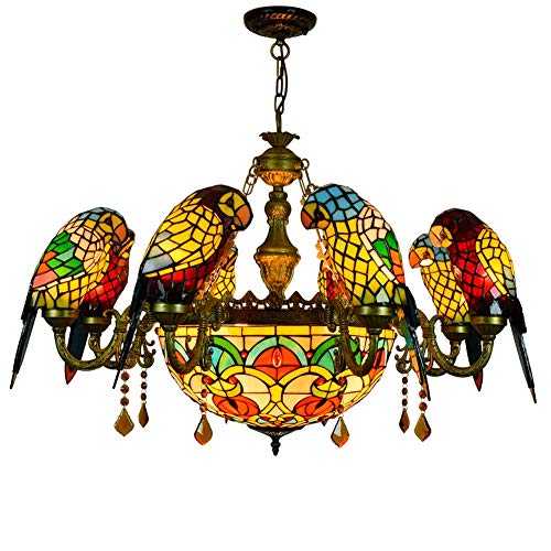 Ceiling Pendant Light Fixture Tiffany Style Coloured 8 Parrot Bird Villa Living Room Dining Room Bedroom bar Lamp Stained Glass Shades 8 Arm Chandelier Ceiling Pendant Lamp