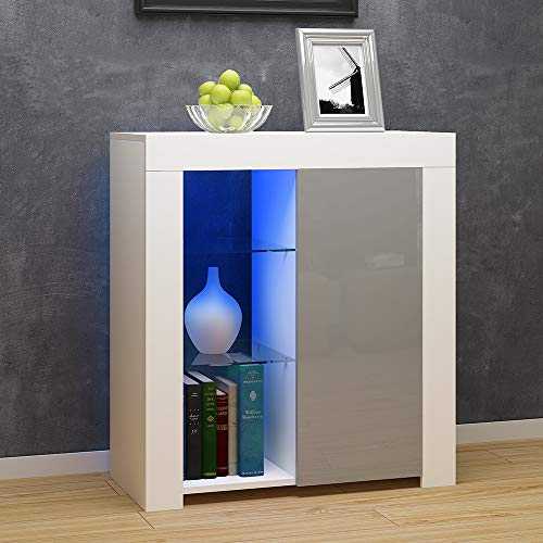 Storeinuk LED Cabinet Cupboard Matt Body and High Gloss Fronts Sideboard Display Unit for Living Dining Room Bedroom Furniture (White & Grey)