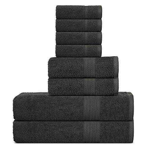 Supreme Premium Cotton Luxury Towels Set by Sweet Needle, Charcoal - 2 Bath Towel, 2 Hand and 4 Wash/Face - 500 GSM, Double Stitched, Strong Hem, Highly Absorbent for Bathroom & Hotel Use (8 Piece)