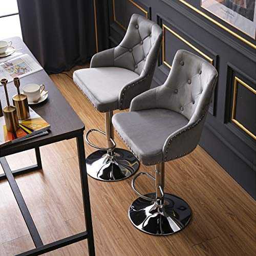 Hironpal Grey Velvet Bar Stool Set of 2 Chairs, Studded Barstool with Backrest Breakfast Bar Stool, Adjustable 360 Degree Swivel Gas Lift, Chrome Footrest and Base for Counter, Kitchen Island Home