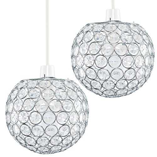 Pair of - Modern Chrome Globe Ceiling Light Shades with Acrylic Crystal Effect Jewels