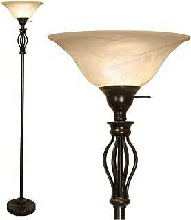 Scroll Floor Lamp for Living Room Decor by Light Accents - Tall Floor Lamp Bed Room Decor - Traditional Iron Scrollwork Standing Lamp Pole Light with Alabaster Glass Bowl Shade – 70" Tall (Bronze)