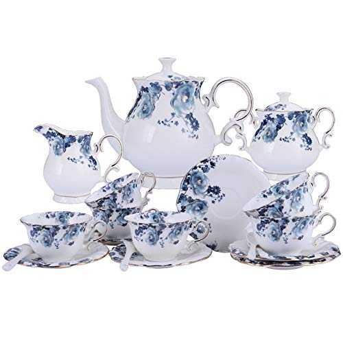 fanquare 15 Pieces Blue Flowers Porcelain Tea Set, Vintage Ceramic Coffee Set, Wedding Tea Service for Adults