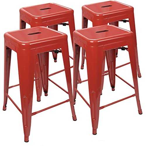 UrbanMod 24 Inch Bar Stools for Kitchen Counter Height, Indoor Outdoor Metal, Set of 4,Red