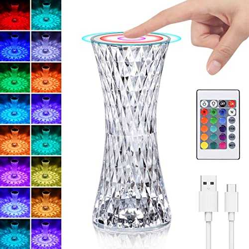 16-Color Changing Crystal Diamond Table Lamp, Touch Control Bedside Lamp with Remote Control, Acrylic Rose Crystal Lamp, 1200mAh USB Rechargeable LED Night Light for Kids Bedroom, Party, Gift