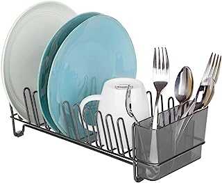 mDesign Kitchen Sink Dish Drainer – Small Metal and Plastic Dish Rack for Kitchen Sink – Dish Drying Rack for Plates and Cutlery Basket – Graphite/Smoke