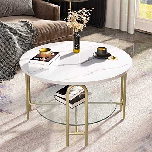 YITAHOME Coffee Table Modern Marble,White Round Coffee Tables Living Room,2-Tier Small Coffee Table with Storage Clear Accent Side Table Center Cocktail Table for Dining Room,Marble and Gold Shelf
