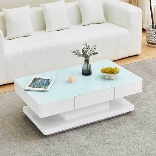 CLIPOP White High Gloss Coffee Table 8 MM Tempered Glass Top Living Room Rectangle Tea Table with 2 Storage Drawers for Home Office Furniture,100 x 60 x 35 cm (Clear top)