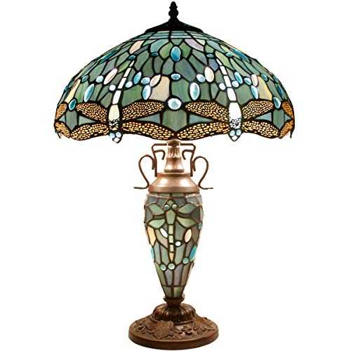 Tiffany Lamps Red Liaison Stained Glass Style Shade Night Light Base 3 Light 24 Inch Tall for Living Room Bedroom Coffee Table Reading Desk Beside Reading Set S160R WERFACTORY