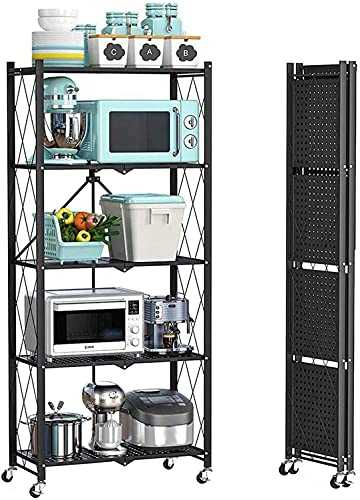 LRBBH Foldable Storage Shelves Unit, 5-Tier Folding Shelf Unit with Casters Wheels, Can Store Rice Cooker, Microwave, Cutlery, Seasoning Tank