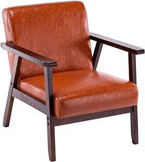 K KYMYCraft Wood Armchair Sofa Chair with Leather PU Cushion, Retro Tub Chair Vintage Single Sofa for Living Room Bedroom (Brown)