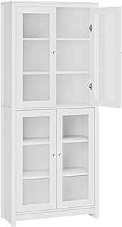 FOREHILL 190cm Display Cabinet with 4 Glass Doors Tall Bookcase Kitchen Cupboard Sideboard Storage Cabinet Living Room White