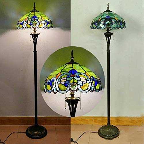 Vintage Tiffany Green Art Glass Living Room Floor Lamp with Switch Ø40cm Baroque Handmade Stained Glass Lampshade Art Deco Reading Light Bedroom Office Creative Standing Light 165cm Tall Night Light