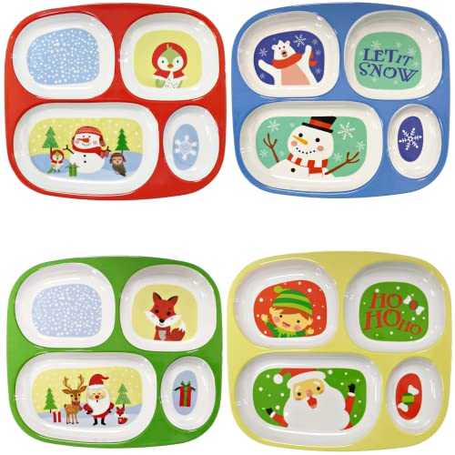 Christmas Plates Dinnerware For Kids (Set of 3) Melamine Divided Plates, Christmas Dinner Plate Dishes for kids - Dishwasher Safe, BPA Free by 4E's Novelty