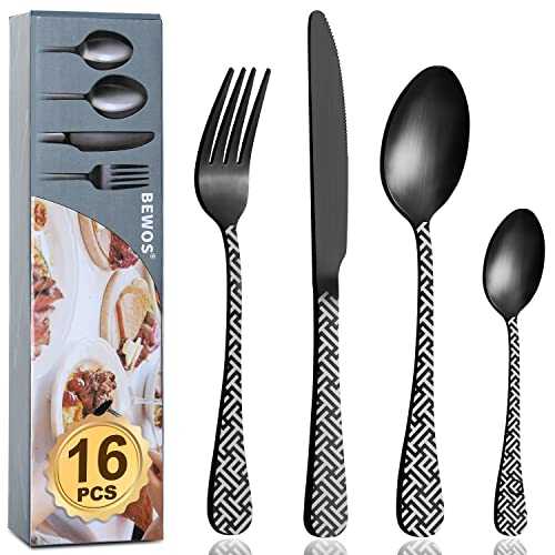 Cutlery Set, BEWOS 16-Piece Matt Black Unique Pattern Design for Gift, Stainless Steel Flatware Set, Silverware Set with Spoon Knife and Fork Set, Service for 4, Dishwasher Safe