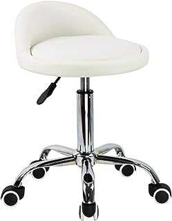 KKTONER PU Leather Round Rolling Stool with Back Rest Height Adjustable Swivel Drafting Work SPA Task Chair with Wheels (White)