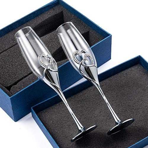 DreamJ Creative Champagne Glasses, Wedding Crystal Glasses Champagne Flutes Goblet Heart-Shaped, Wine Glasses Set of 2 Wedding Gift with Gift Box