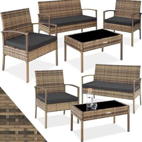 tectake 403707 Poly Rattan Garden Furniture, Wicker Set with Glass Table, Terrace Lounge Outdoor, incl. Cushions, Natural
