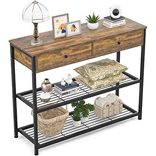 Ecoprsio Console Table with Drawers Industrial Sofa Table Entryway Table Narrow Long with Storage Shelves for Entryway, Front Hall, Hallway, Sofa, Couch, Living Room, Coffee Bar, Kitchen, 32 Inch