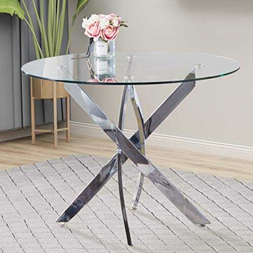 GOLDFAN Round Glass Dining Table Modern Design 100cm Kitchen Table With Chromed Legs For Dining Room Living Room Office
