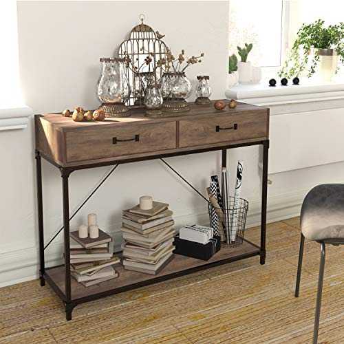 Joolihome Console Table, 2 Drawers with Handles and Storage Shelf Side Table for Home and Office, Wooden End Table with Black Metal Frame for Hallway, Living Room, Bedroom, Entryway, Kitchen