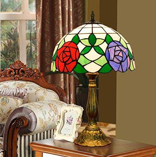 NANXCYR 12 Inch Tiffany Style Table Lamp, European Art Deco Stained Glass Red Purple Rose Reading Lamp Desk Lamps for Bedside Bedroom Living Room