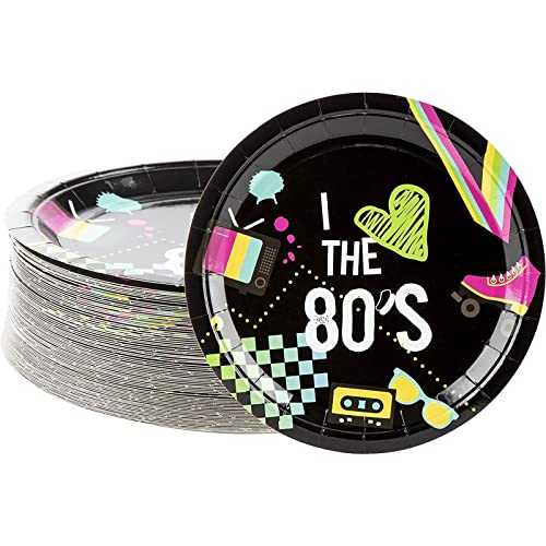 Disposable Plates - 80-Count Paper Plates, Totally 80s Party Supplies for Appetizer, Lunch, Dinner, and Dessert, Kids Birthdays, 9 x 9 Inches