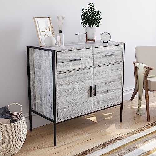 Vida Designs Brooklyn 2 Door 2 Drawer Sideboard Industrial Rustic Cabinet, Living Room Furniture (Grey)