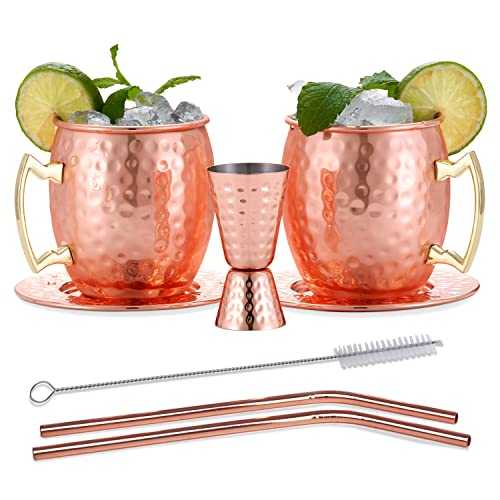 Oak & Steel - 2 Moscow Mule Copper Mugs with Coasters, Jigger, Straws and Brush