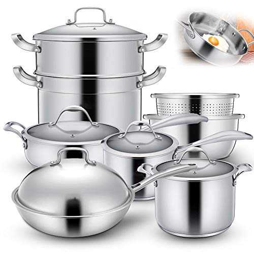 Stainless Steel Induction Cookware Set, Professional Pots and Pans Set with Steamer and Lid for Even Heating, Oven, Stovetop