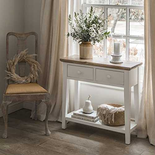 Florence Console Table. Sturdy white console table with 2 dravers and shelf. Solid brushed acacia