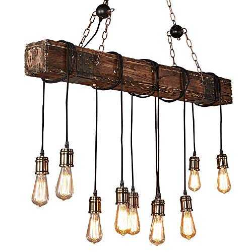 COCOL Rustic Wood Beam Edison Hanging Ceiling Light ，Natural Reclaimed Wooden Style Pendant Lighting E26x10 Lights Retro Industrial Style Chandeliers for Bar Kitchen Dining Room(Bulb not include)