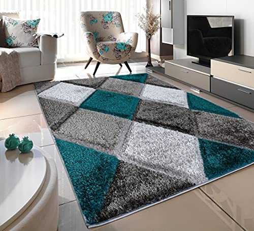 Silky soft fluffy thick shimmering 3D effect luxurious plush shaggy rug living room area rug super soft bedroom carpet (jade silver diamonds, 120 x 170 cms)