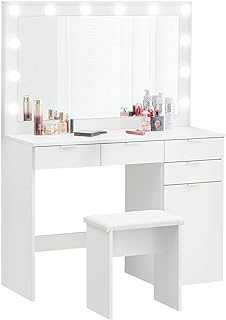 OFCASA Dressing Table with LED Lights 4 Drawers White Vanity Table with Storage Cabinet Girls Makeup Table with Mirror and Stool for Bedroom