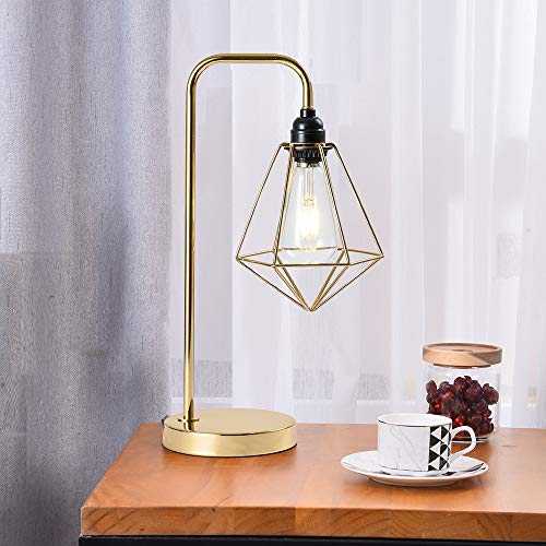 Vintage Copper American Art Geometric Wire Cage Hollowed Out Diamond Shade Nightstand Bedside Table lamp for Living Room,Bedroom