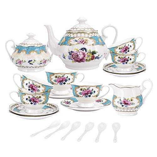 fanquare 15 Pieces British Porcelain Tea Set, Vintage Rose Flowers Ceramic Coffee Set, Wedding Tea Service for Adults