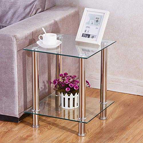 GOLDFAN Glass Bedside Tables 2 Tier Square Sofa Side End Tables Stainless Steel Legs with Storage Shelf for Living Room, Clear