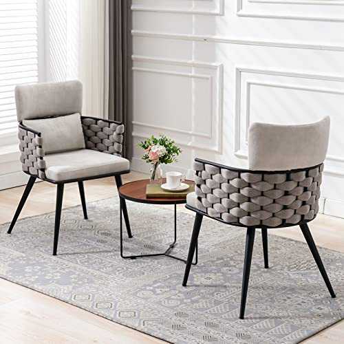 BFZ Mid-Century Modern Dining Chairs Set of 2, Handmade Woven Kitchen Chairs, Upholstered Velvet Dining Chairs with Metal Legs for Kitchen, Dining Room, Living Room