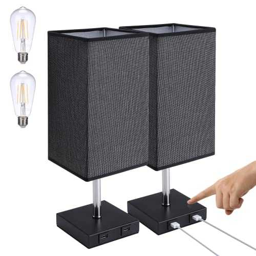 Glighone Bedside Table Lamp Touch Control with Dual USB Charging Ports, 3-Way Dimmable Lights Modern Desk Lamps E27 Black Fabric Lampshade Switch for Bedroom Study Room, Set of 2(LED Bulb Included)