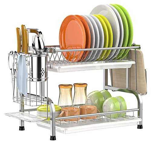 SMHOUSE Dish Drainer, Rustproof 2 Tier Dish Rack with Drainboard Stainless Steel Utensil Holder Dish Drainer for Kitchen Counter (Silver)