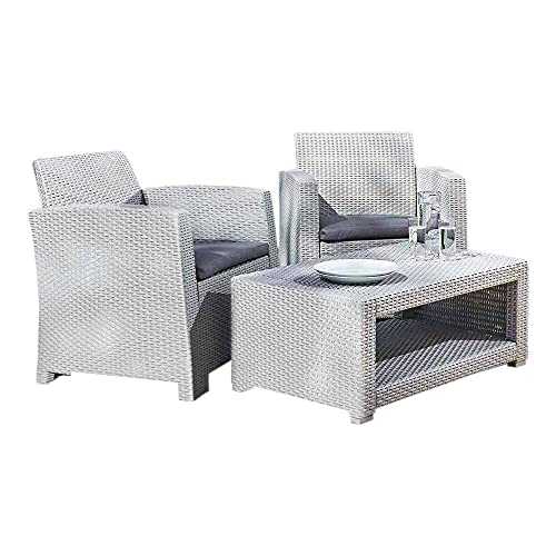 Trueshopping Marbella 2 Seater Rattan Armchair Garden Furniture Set with Coffee Table in Grey with Grey Cushions