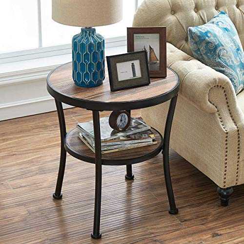 O&K Furniture Round End Table/Side Table/Nightstand - Rustic Industrial Style, Vintage Brown Finish(1-Pcs)